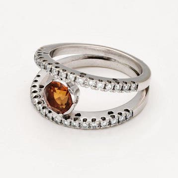 Bague - 18 carats Or blanc Diamant (Naturelle) - Citrine