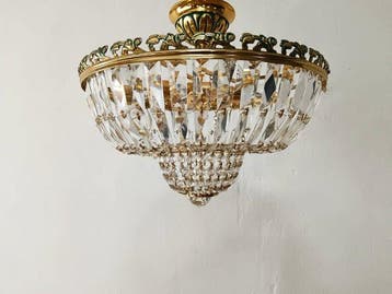 Plafondlamp - Vintage plafondlamp van messing en geslepen