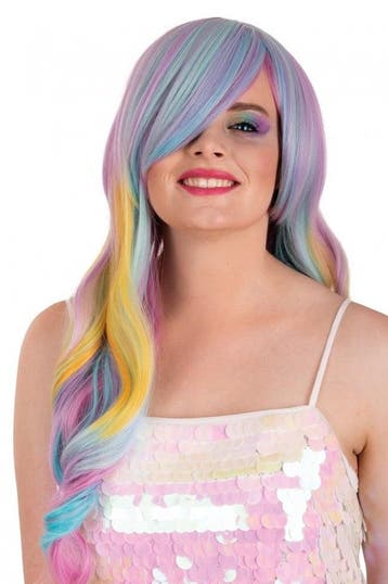 Pruik Selena Lang Met Krullen Pastel Regenboog Met Schuine P, Verzenden, Nieuw