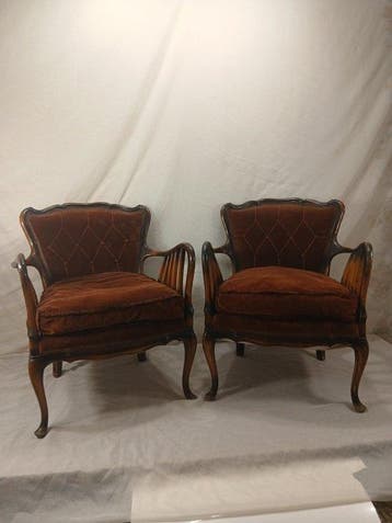 Fauteuil (2) - Gegraveerd hout, Velluta, Antiek en Kunst