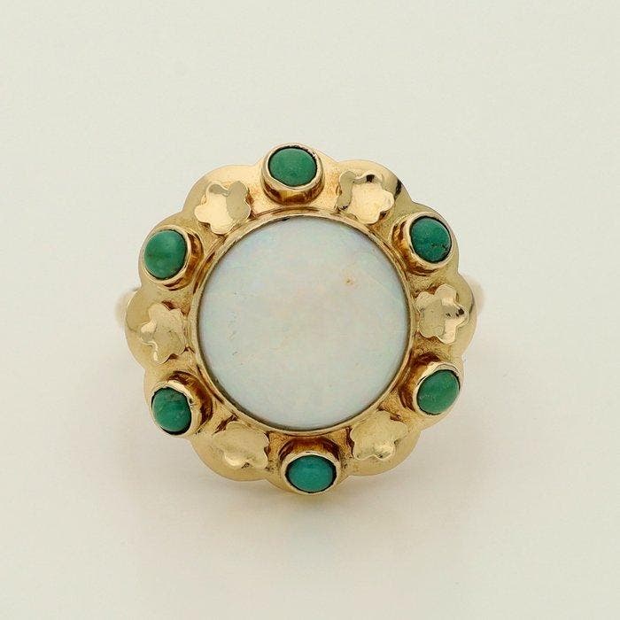 Ring - 14 karaat Geel goud Opaal - Turkoois, Handtassen en Accessoires, Ringen