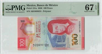 2020 Mexico 100 Pesos Polymer Pick 131a Pmg Superb Gem Un..., Verzenden