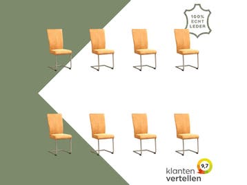 Set van 8 Leren eetkamerstoelen Dry - Kenia Cognac (cognac), Huis en Inrichting, Ophalen of Verzenden, Nieuw, Leer, Eén