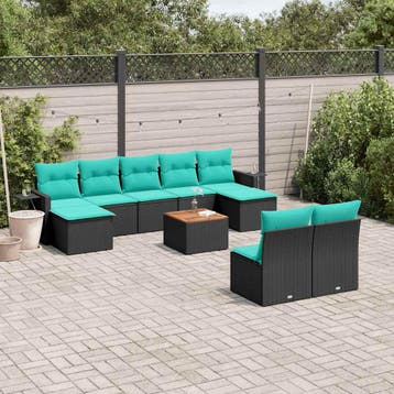 vidaXL 10-delige tuinbankset met kussens van zwart polyrotan, Verzenden, Nieuw