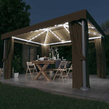vidaXL Prieel met gordijn en LED-lichtslinger 4x3 m taupe, Verzenden, Nieuw