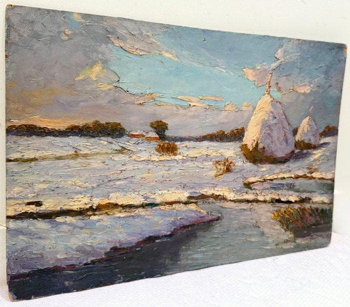 École française - Meules sous la neige au bord du Ruisseau, Antiquités & Art, Art | Peinture | Classique