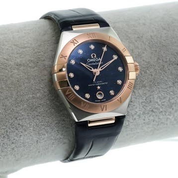 OMEGA – 29 mm, Stainless steel – Sedna gold on leather strap, Nieuw