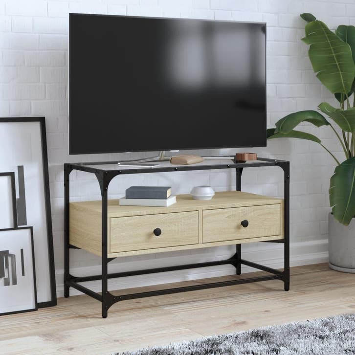 vidaXL Tv-meubel met glazen blad 80x35x51 cm hout sonoma, Huis en Inrichting, Kasten |Televisiemeubels, Nieuw, Verzenden