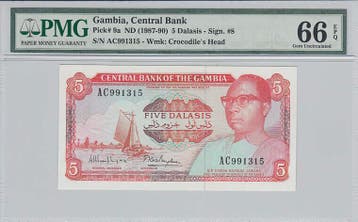 Gambia 5 Dalasis Nd1987-90 Pick 9a Pmg Gem Unc 66 Epq, Verzenden