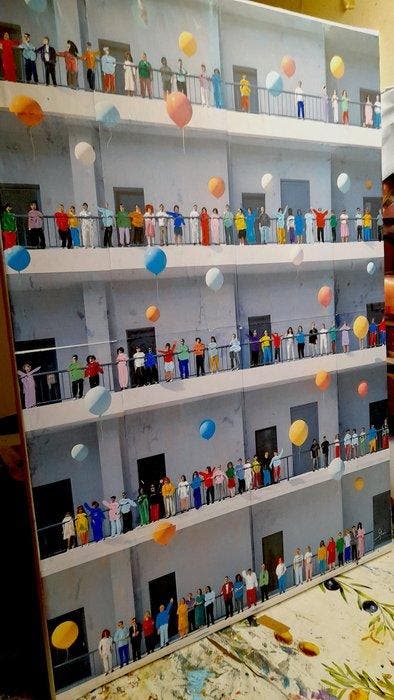 Giorgio Stocco - Condominium party 3- opera unica, Antiquités & Art, Art | Peinture | Moderne