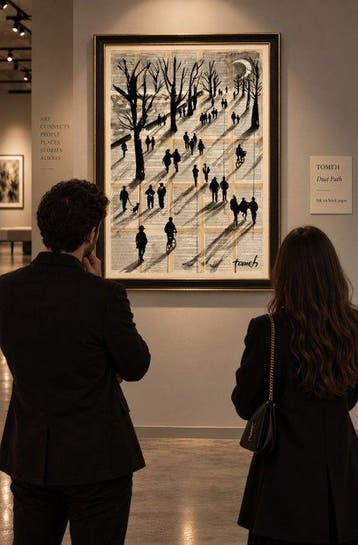 TOMEH - “Dusk Path” – Original Painting - Ink Drawing on old, Antiquités & Art