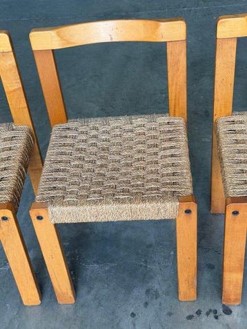 Chaise - Bois, corde tressée - Ensemble de quatre chaises en