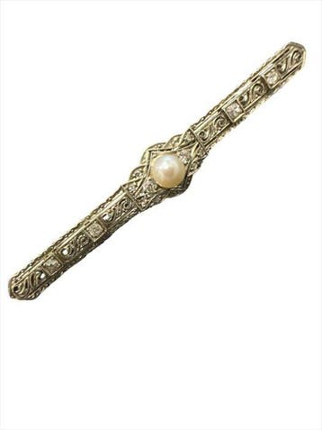 Broche - 14 carats Or blanc Perle - Diamant