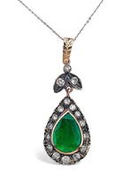 Ketting met hanger - 12 kt. Geel goud, Zilver Smaragd -
