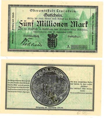 Duitsland 5 Millionen Mark Crailsheim 1923 Notgeld selten..., Verzenden