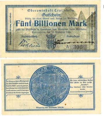 Duitsland 5 Billionen Mark Crailsheim 1923 Notgeld selten..., Verzenden