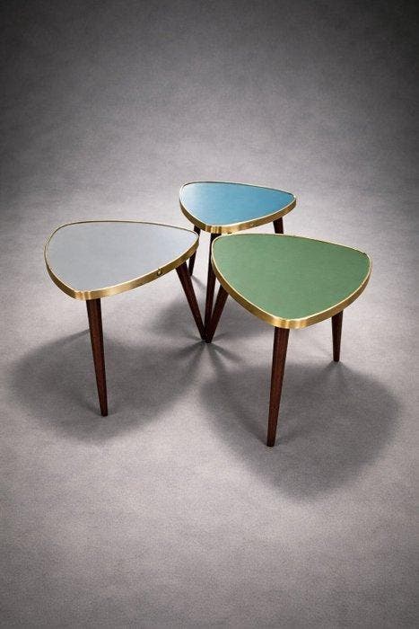 Table dappoint - Formica, Bois, Laiton - Ensemble de trois, Antiquités & Art, Art | Objets design