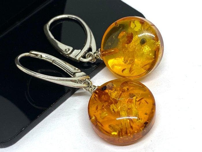 Boucles doreilles en ambre balte naturel et argent 925 -, Collections, Minéraux & Fossiles