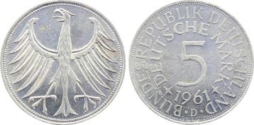 5 Mark Duitsland 5 duitse Mark zilveradler 1961 D f stgl..., Verzenden