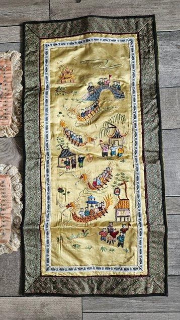 Chinese Hand-Embroidered Silk Textile Set - Dragon Boat &