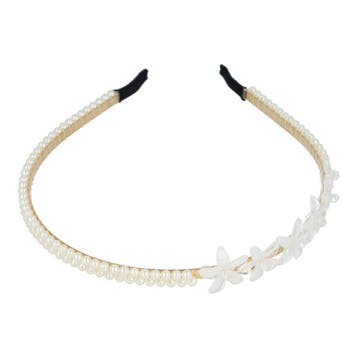Haarband Diadeem Bloemen Vormen – Parelkralen – Goud Wit, Nieuw