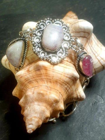 Zilver, Rainbow Moonstone, Pink Moonstone - Schakelarmband -