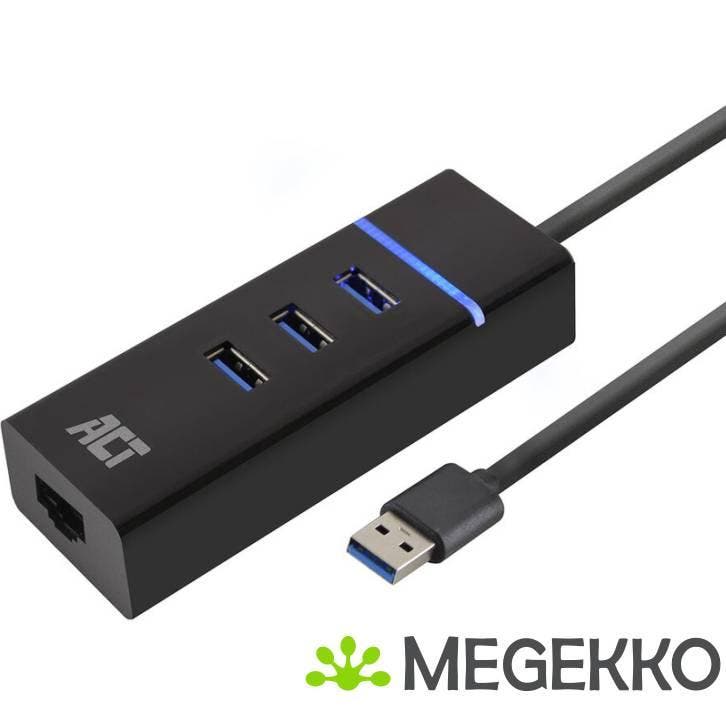ACT USB Hub 3.2, 3x USB-A, ethernet, zwart, Computers en Software, Netwerkkaarten, Nieuw, Verzenden