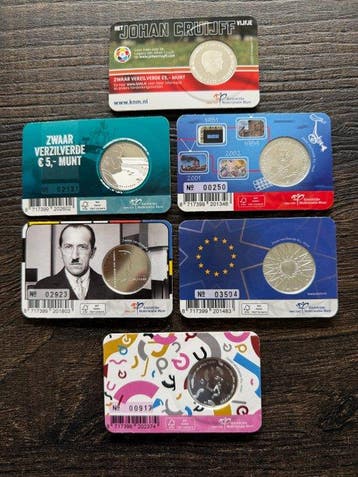 Pays-Bas. 5 Euro 2017/2024 (6 coincards incl. 5 € Johan