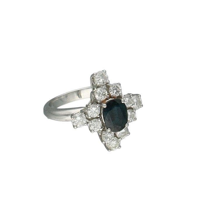 Ring - 18 karaat Witgoud Saffier - Diamant, Handtassen en Accessoires, Ringen