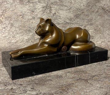 Beeld, Naar De Coux : Liggende kat 25.5 cm - 12 cm - Brons,