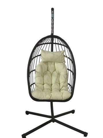 Egg Chair Zwart/Beige | OP = OP | Nu 34% goedkoper, Tuin en Terras, Tuinstoelen, Verzenden, Zo goed als nieuw, Rotan, Inklapbaar