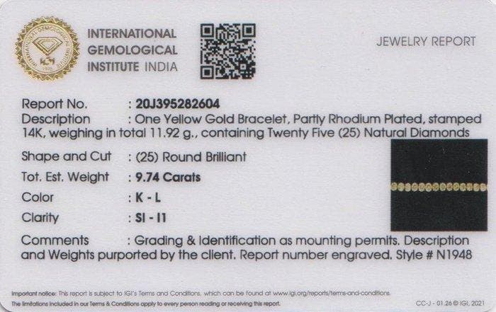 Bracelet de tennis - 14 carats Or jaune - 9.74ct. tw., Handtassen en Accessoires, Antieke sieraden