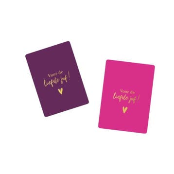 2x mini kaartje - voor de liefste juf - paars - roze - go..., Verzenden, Nieuw