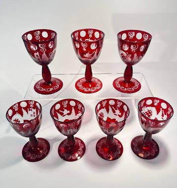 Drankservies (7) - Glas - Rubinoverfang likeurset, Antiek en Kunst
