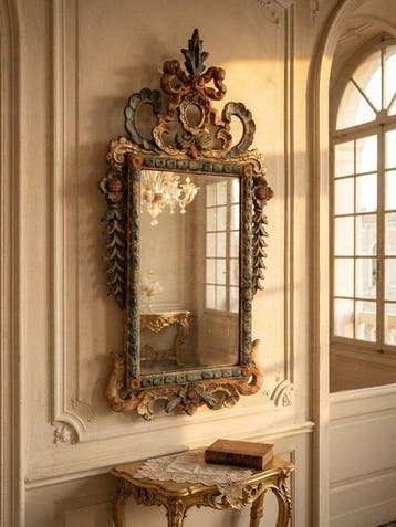 Miroir - Bois, Plâtre, Coincé, feuille dor - Baroque, Antiquités & Art