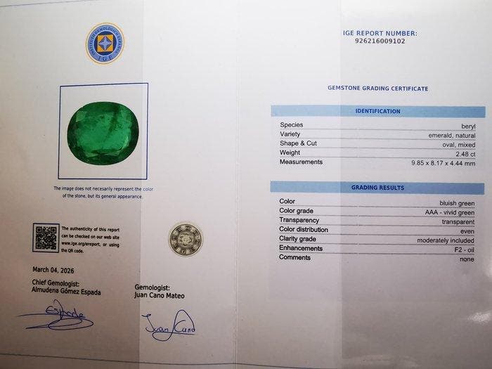 1 pcs Groen Smaragd - 2.48 ct - Instituto Gemólogico Español, Handtassen en Accessoires, Edelstenen