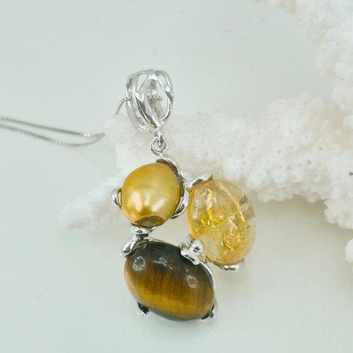 Zilver - Ketting met hanger - tijgeroog, kwarts, Antiek en Kunst, Curiosa en Brocante