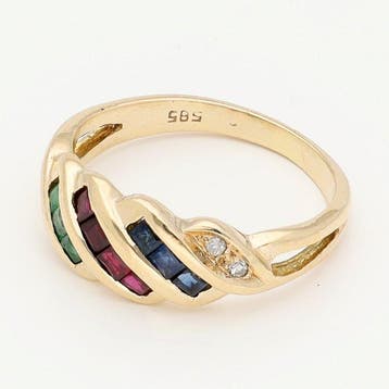 Bague - 14 carats Or jaune - Diamant - Rubis. Saphir.