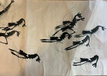 Grote Rol met Aquarel Garnalen op Zijde en Rijstpapier -, Antiek en Kunst