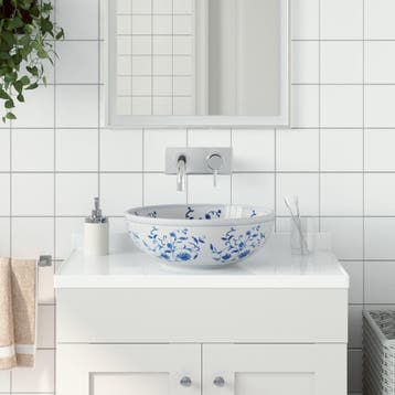 vidaXL Opzetwasbak rond 41x14 cm keramiek wit en blauw, Verzenden, Nieuw