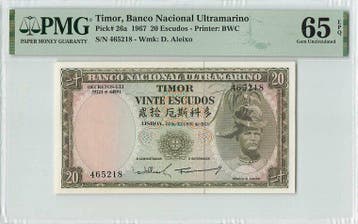 1967 Timor 20 Escudos Pick 26a Pmg Gem Unc 65 Epq, Verzenden