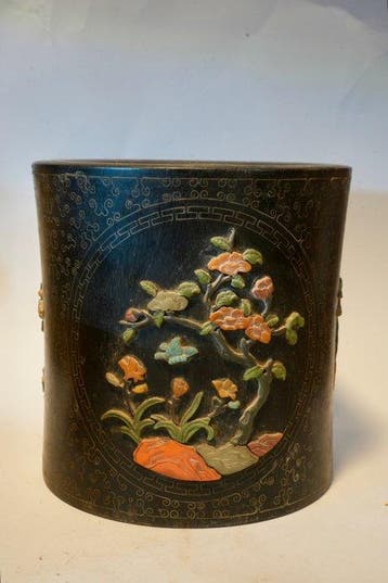 20e-eeuwse Chinese kwastpot van hardhout met zilveren, Antiek en Kunst