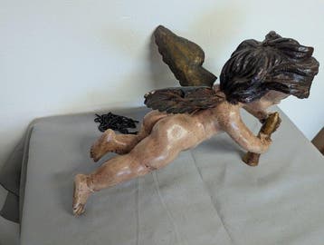 Beeld, Barok engel - 38 cm - Polychroom hout, Antiek en Kunst