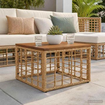 vidaXL Tuin Tafel Naturel 55 x 55 x 37 cm PE Riet en Glas, Tuin en Terras, Verzenden, Nieuw
