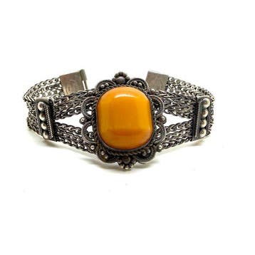 Oude sterlingzilver armband met natuurlijk Baltisch amber