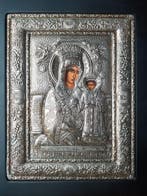 Icoon - Moeder Gods - Hout, Verzilverd - 21,5 x 27 cm, Antiek en Kunst