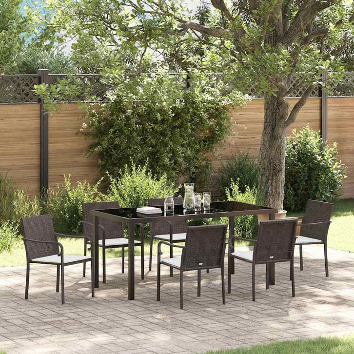vidaXL Tuin Eettafel Set 7 pcs Bruin en Zwart PE Riet, Tuin en Terras, Tuinsets en Loungesets, Nieuw, Verzenden