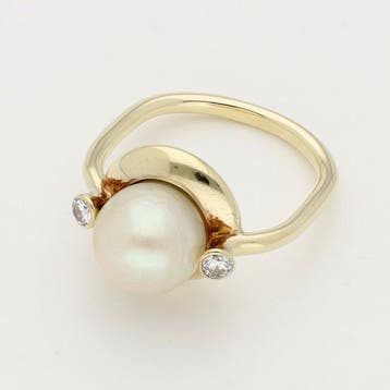 Bague - 14 carats Or jaune Perle - Diamant