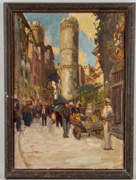 Italiaanse school (XX) - Scena di strada con torre medievale, Antiquités & Art, Art | Peinture | Classique