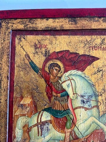 Icône - Saint-Georges - Bois, Gesso à la craie, tempera à, Antiquités & Art